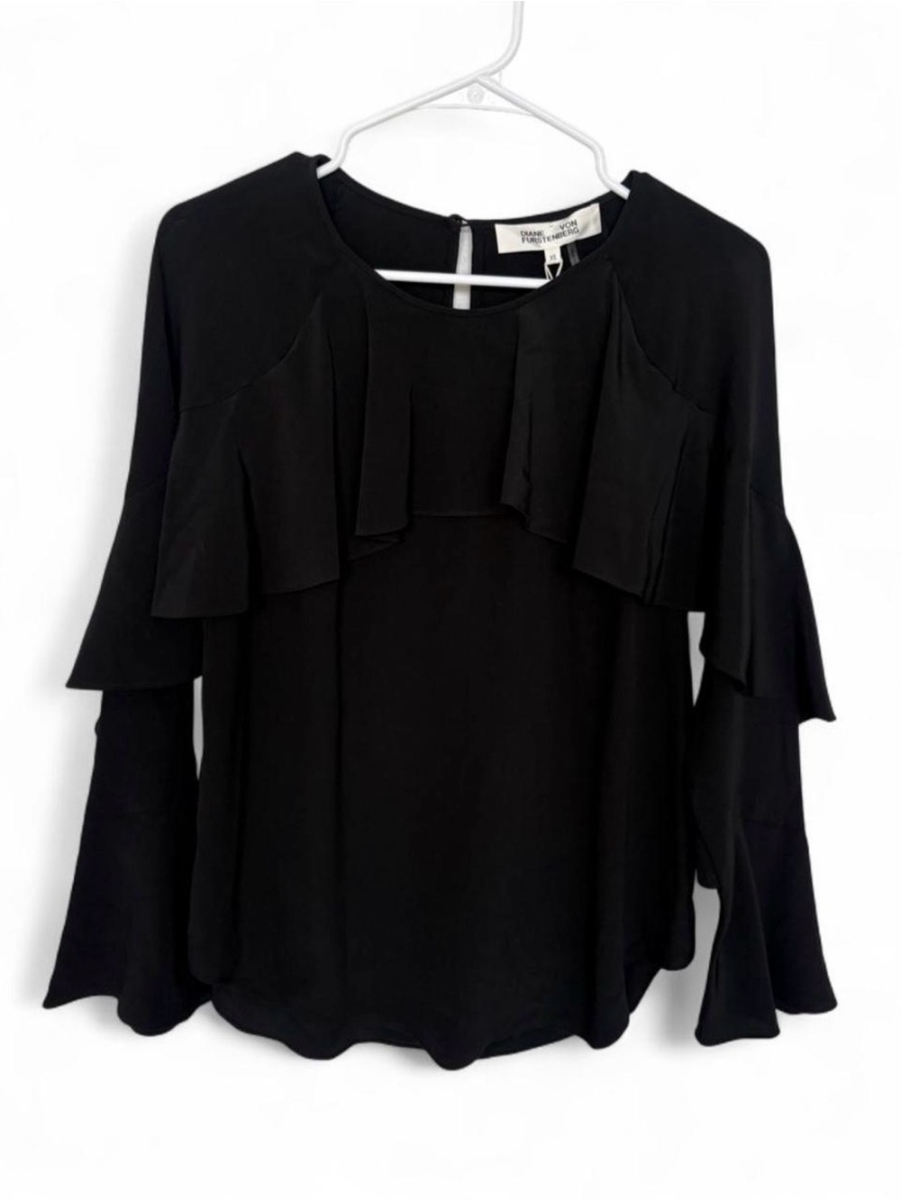 NWT Diane Von Furstenberg Black Silk Ruffle Blouse XS Bell Sleeve Classy Dressy